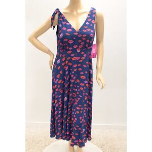 New Betsey Johnson Dress Women's 14W Blue Hot Kiss Lips Tie Shoulder Straps Midi